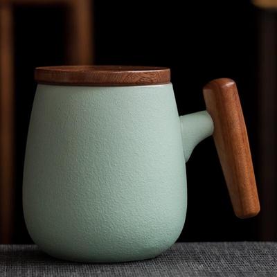 Orange Coarse Pottery Mug with Wooden Handle & Lid
