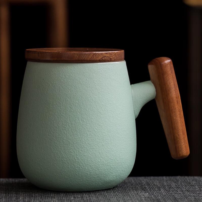 Orange Coarse Pottery Mug with Wooden Handle & Lid