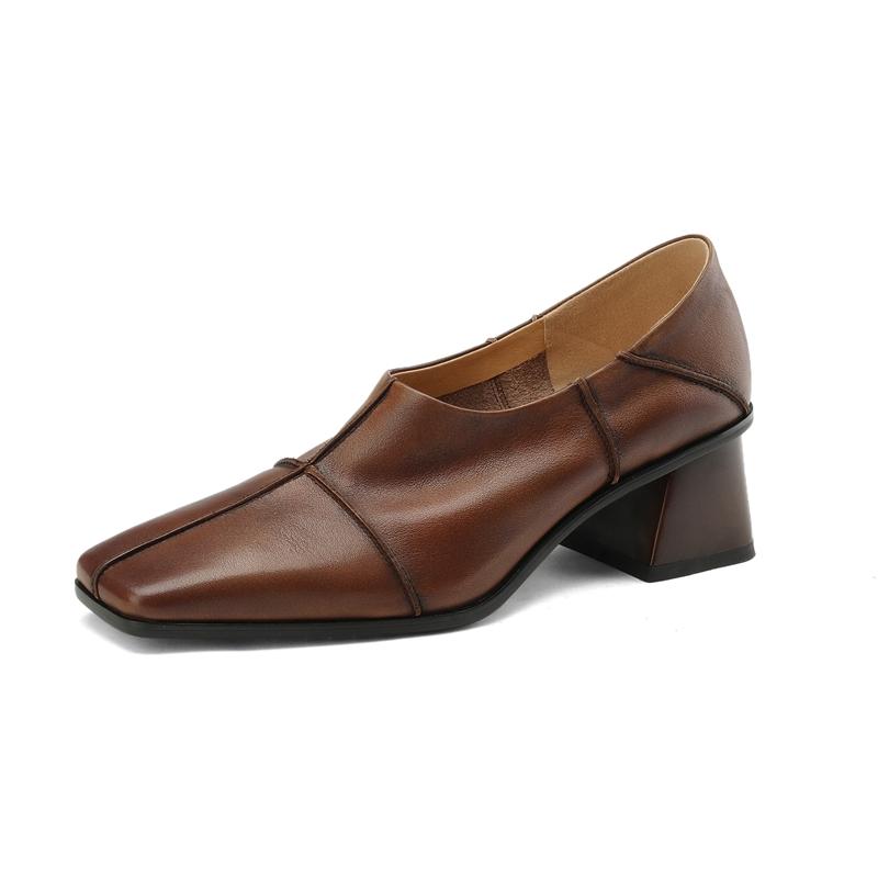 Fashion Women's New Spring and Autumn Square Head Vintage Genuine Leather Cowhide Comfortable High Heel Deep Mouth Oxford Single Shoes