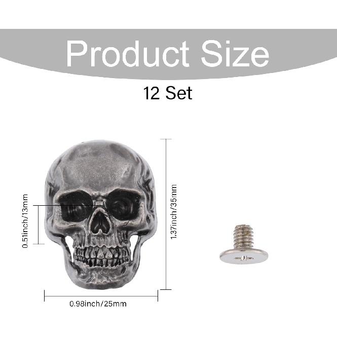 CHGCRAFT 12 Sets Skull Screw Back Punk Skull Head Alloy Rivets Screw Brass Screw Back for Leather Crafting Skull for Bag Hat Shoe Jacket Belt