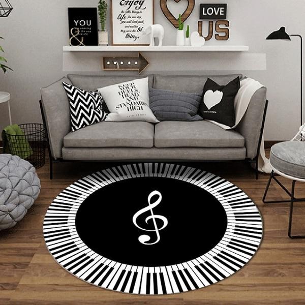 

Круглий килим Музичний символ Клавіші для піаніно Чорно-білий килим Протиковзкі накладки для ніг Декор для підлоги 150cm x 150cm