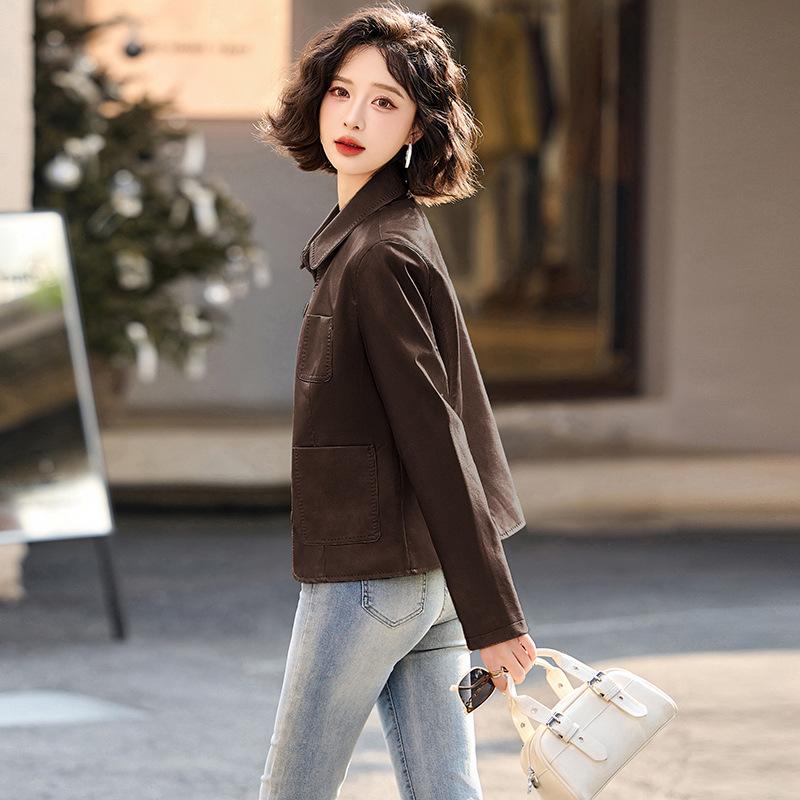 

Модная повседневная кожаная куртка, короткое пальто, женская весенне-осенняя новая тонкая кожаная куртка XL кофейный