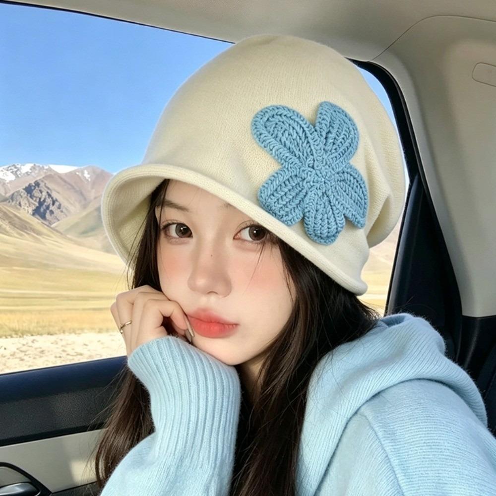 Flower Patch Knitted Hat Korean Style Ear Warmer Fashion Pullover Cap Autumn Winter