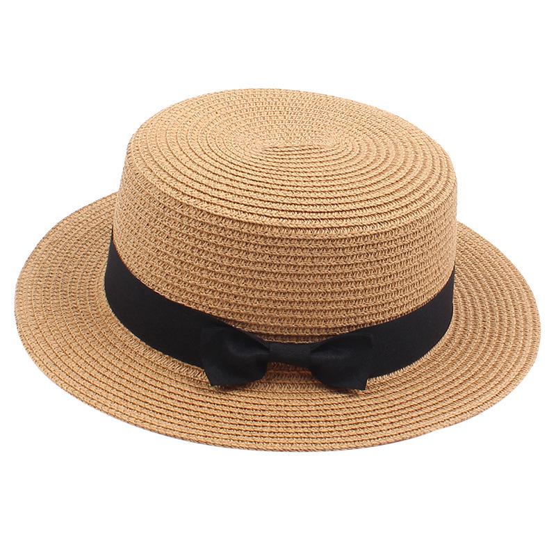 Korean Straw Hat - Retro Bow Flat Top Fedora for Spring & Summer Beach Days