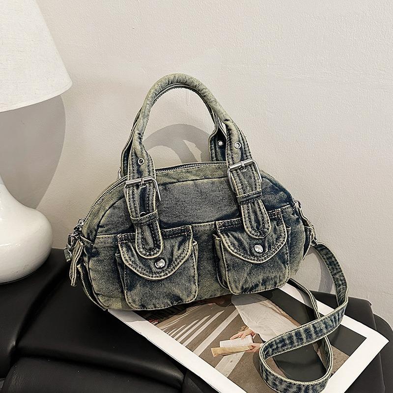 Retro Old Denim Bag Women's New Trend Versatile Portable Bowling Bag Casual Shoulder Messenger Bag Women