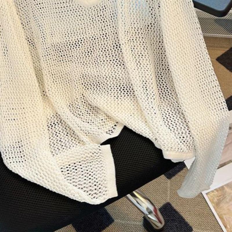 Knitted T Shirt for Women Thin Transparent Sunscreen Solid Ropa De Mujer Loose Korean Fashion Hollow Out Sexy T-shirts