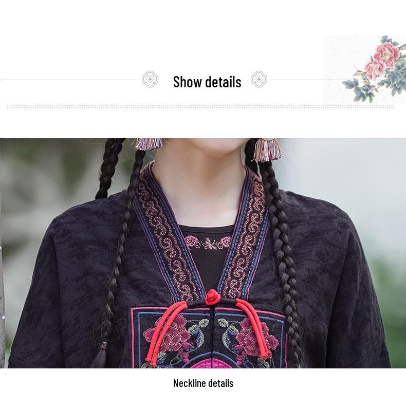 2024 Autumn Women's Ethnic Style Embroidered V-Neck Color Block Short Jacket