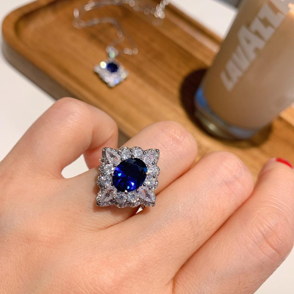 Jewelry Popular Simulation Blue Glass Pendant Necklace Ring Set Hanging 10 * 12 Ring 8 * 10
