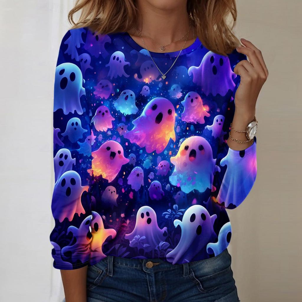 Damen Halloween bedrucktes rundhalsiges lockeres langärmeliges Oberteil