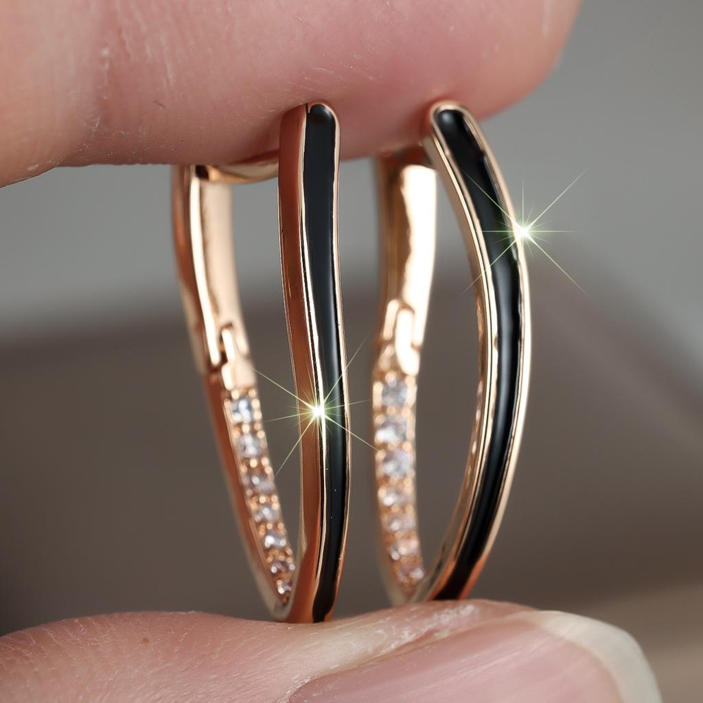 Luxury Small White Zircon Stone Black Enamel Hoop Earrings For Women Vintage Female Fashion Gold Color Wedding