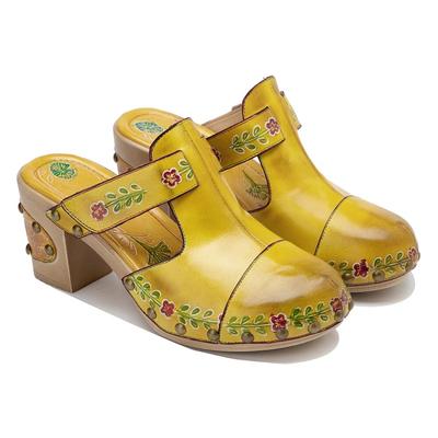 Summer Genuine Leather Retro Outside Slippers Riveted High Heels Slides Retro Printed Sandals Women Shoes