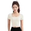 OEING Square Neck Yoga Short Sleeve Fitness Top with Built-in Bra