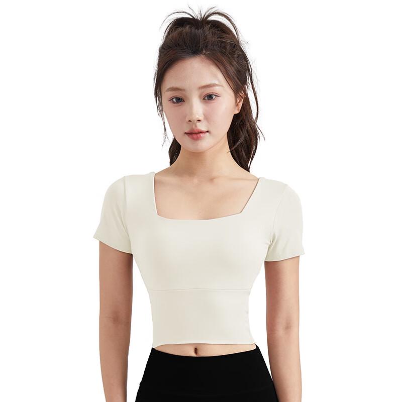 OEING Square Neck Yoga Short Sleeve Fitness Top with Built-in Bra