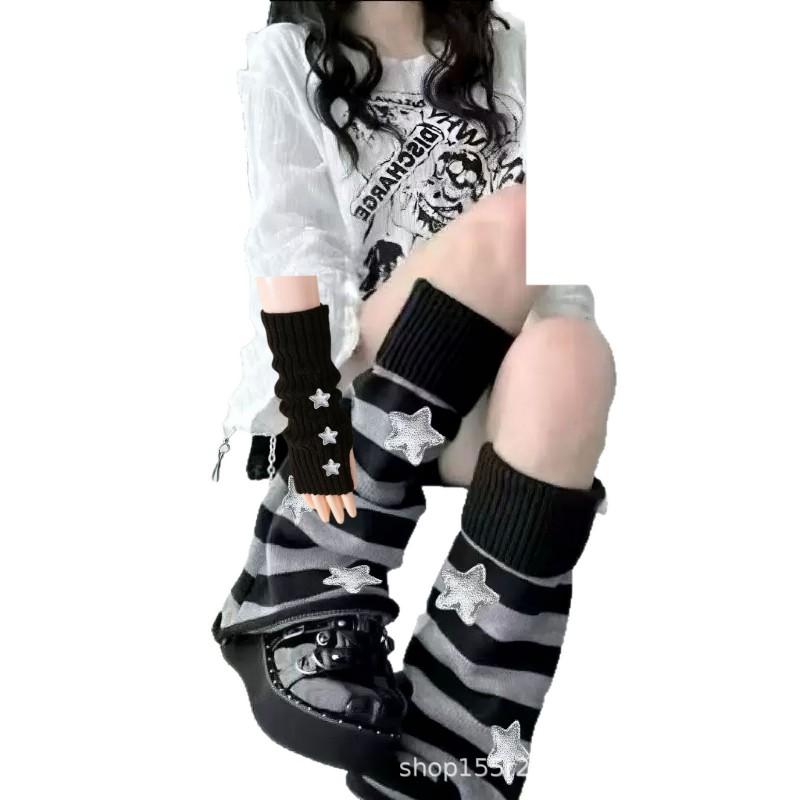Y2K Aesthetic Solid Color Star Knit Calf-Length Bubble Socks With Matching Wrist Cuffs Women