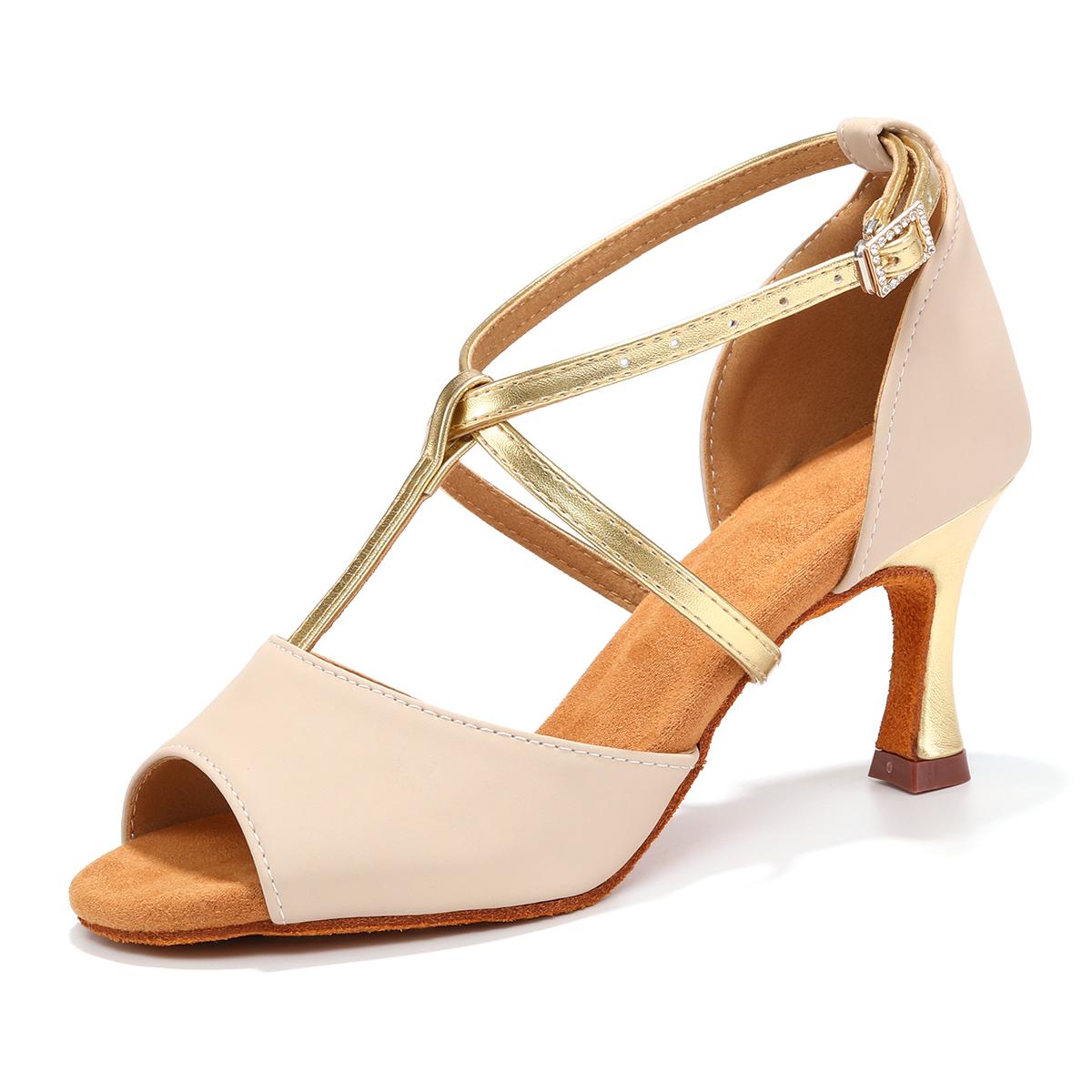 

Кожаные туфли для латиноамериканских танцев для взрослых женщин, ремешок, высокий каблук, мягкая подошва, туфли для танго, сальсы, социальных танцев 36 бежевый