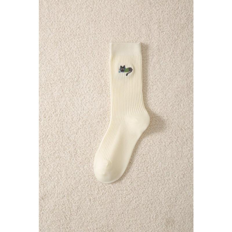 

Вышитые гольфы до середины икры с котятами для женщин, осенние длинные носки из чистого хлопка 1 pair молочный белый
