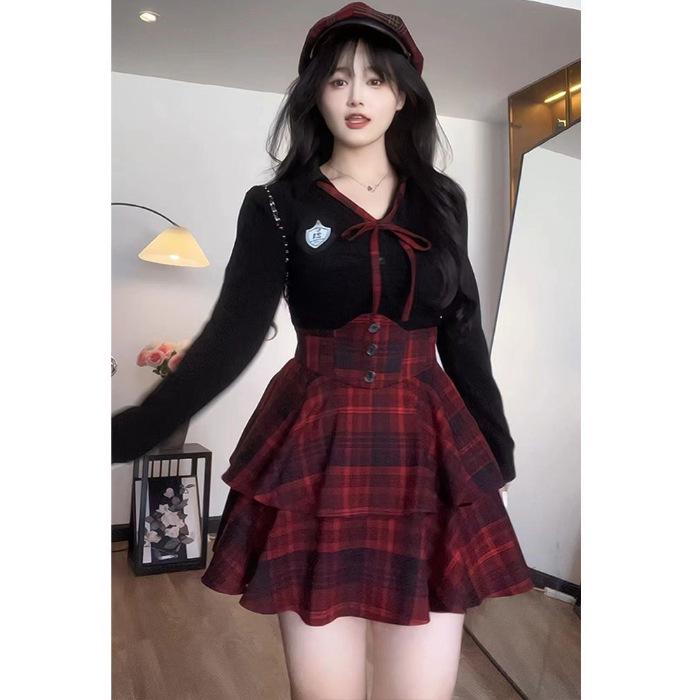 Plus Size Women's JK Style Uniform Set - Waist-Hugging Puffy Skirt & Slimming Shirt Top Duo