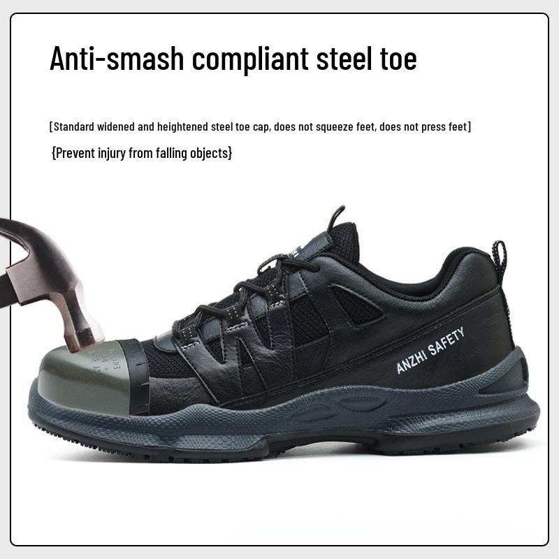 Anzhi Men's Black Low-Top Safety Shoes: Anti-Smash, Anti-Puncture, Breathable, Non-Slip, Wear-Resistant for Summer Construction.