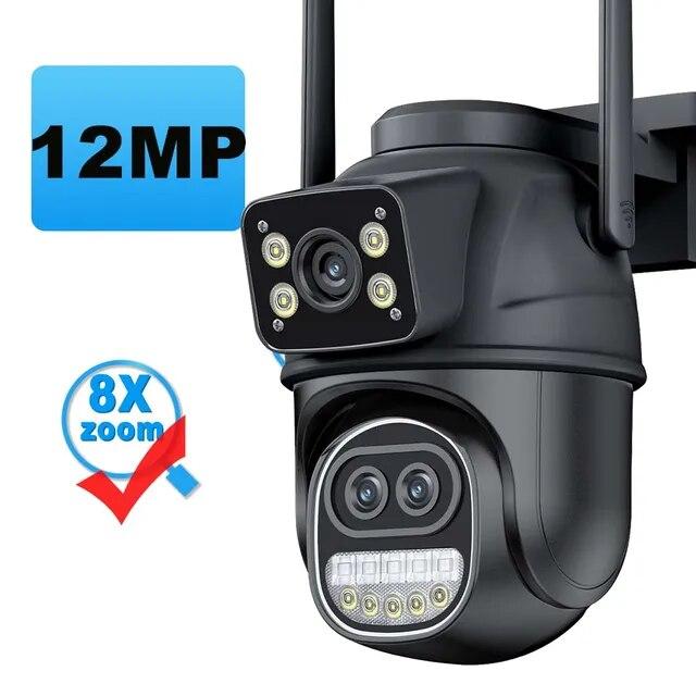 2025 New 12MP 6K WiFi IP Camera Outdoor Three Lens Dual Screens 8X Zoom CCTV PTZ Video Cam Auto Tracking Security Protection Surveillance
