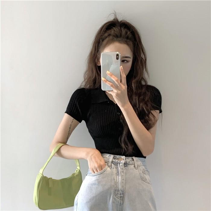 White Polo Collar Short-Sleeve Women's French Chic Top