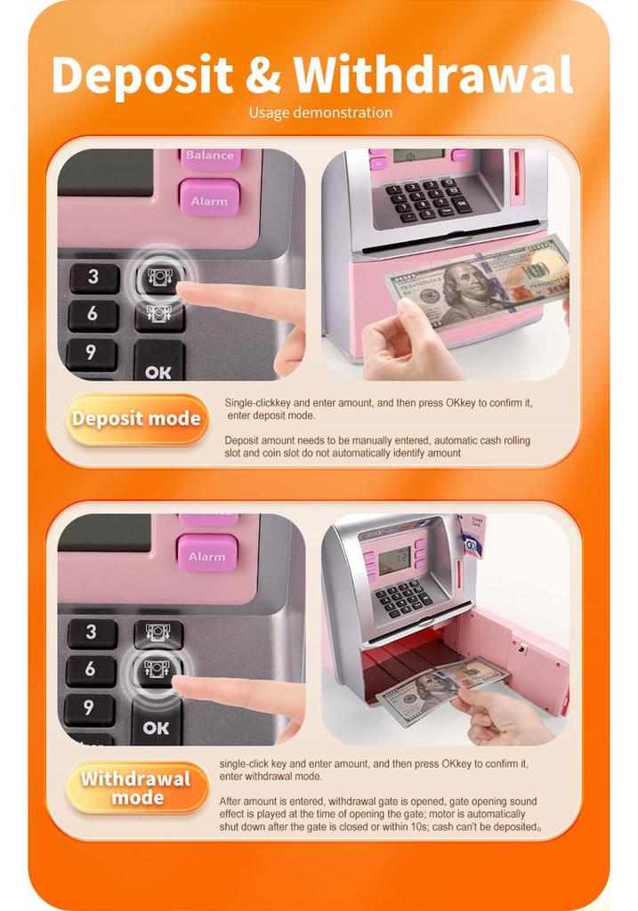 Children's Large ATM Simulator Piggy Bank with Voice and Password, Coin Roller, and Money Counting Features.