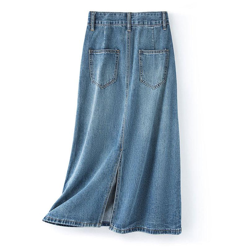 Vintage Back Split Half-body Skirt Women Design Leather Plate High Waist A-Line Mid-Length Straight Covered Flesh Package Hip Cowboy Denim Skirt