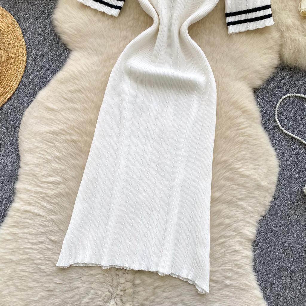 Summer Women Sweet Bowtie V-neck Short Sleeve Knitted Sweater Pullover Dresses