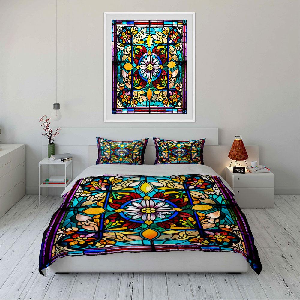 Floral Stained Glass Pattern Bedding Duvet Cover Set Duvet Cover Pillowcases (1*Duvet Cover 2*Pillowcases, without duvet insert)