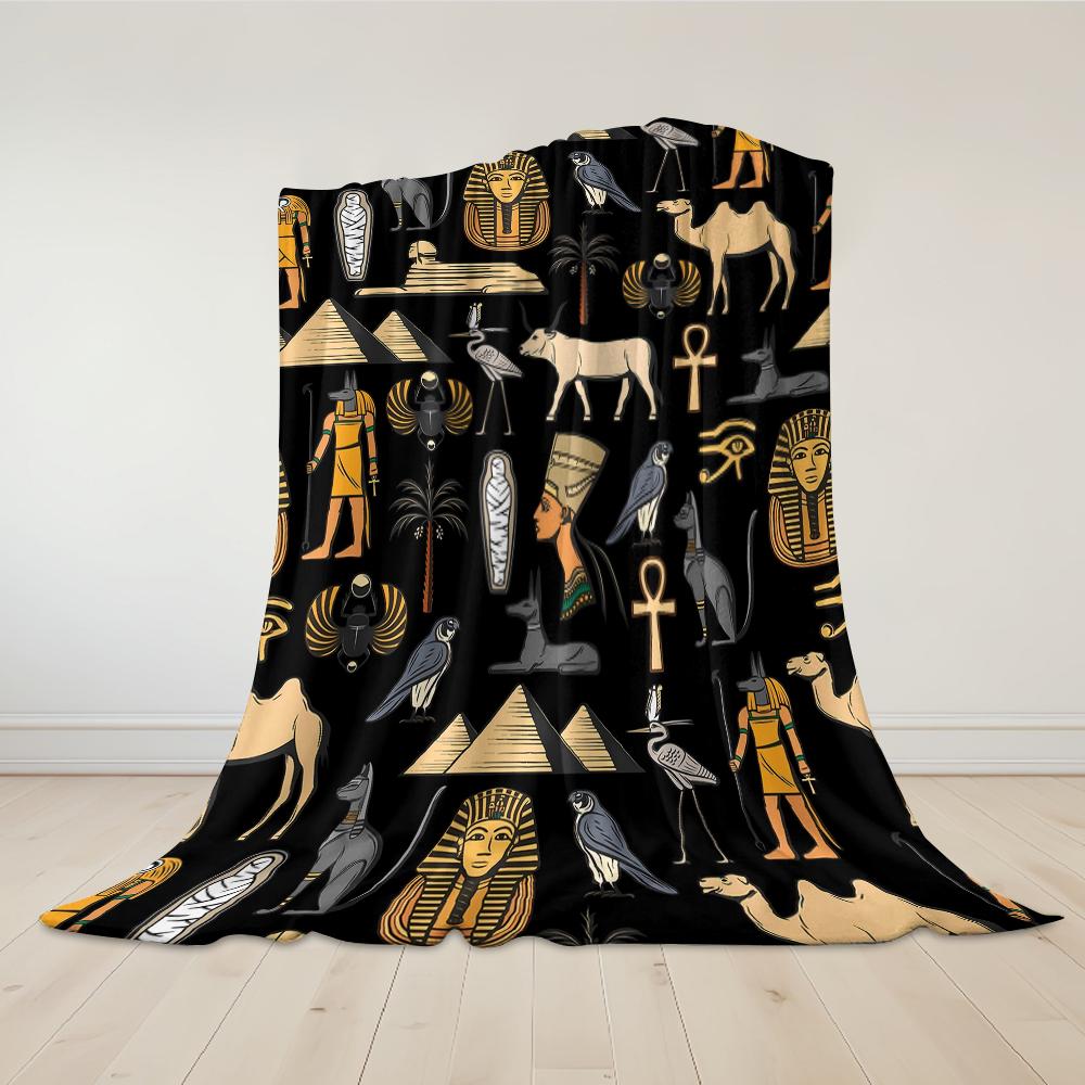 Egyptian Motif Print Flannel Blanket Warm Soft Halloween Christmas Couch Warm Cozy Decorative Decor Gift for All Season