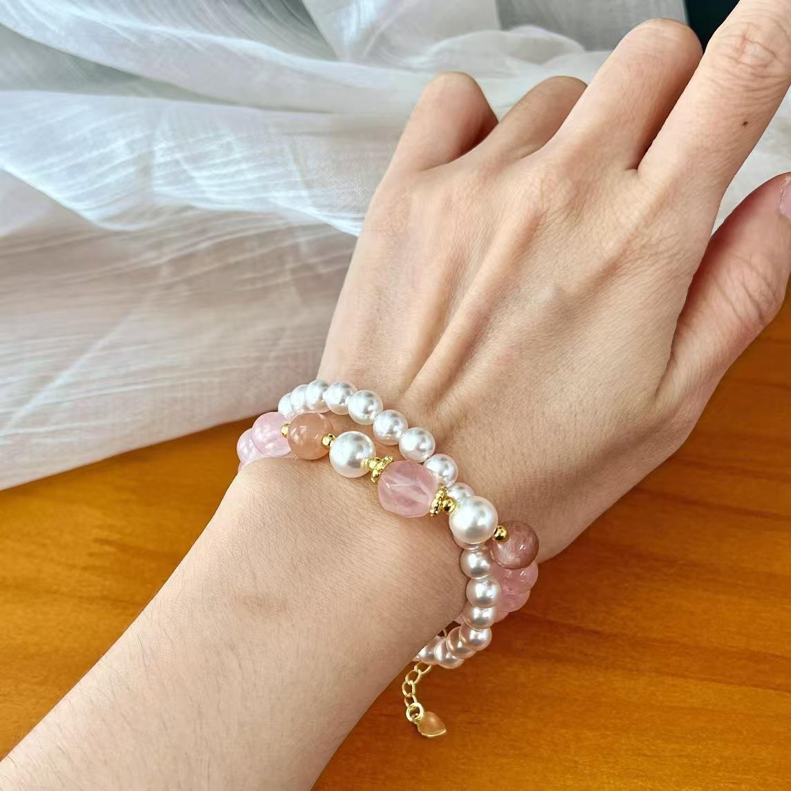 Retro Natural Powder Crystal (Fried Powder Wax) Sunstone Artificial Crystal Pearl Double Layer Bracelet Bracelet