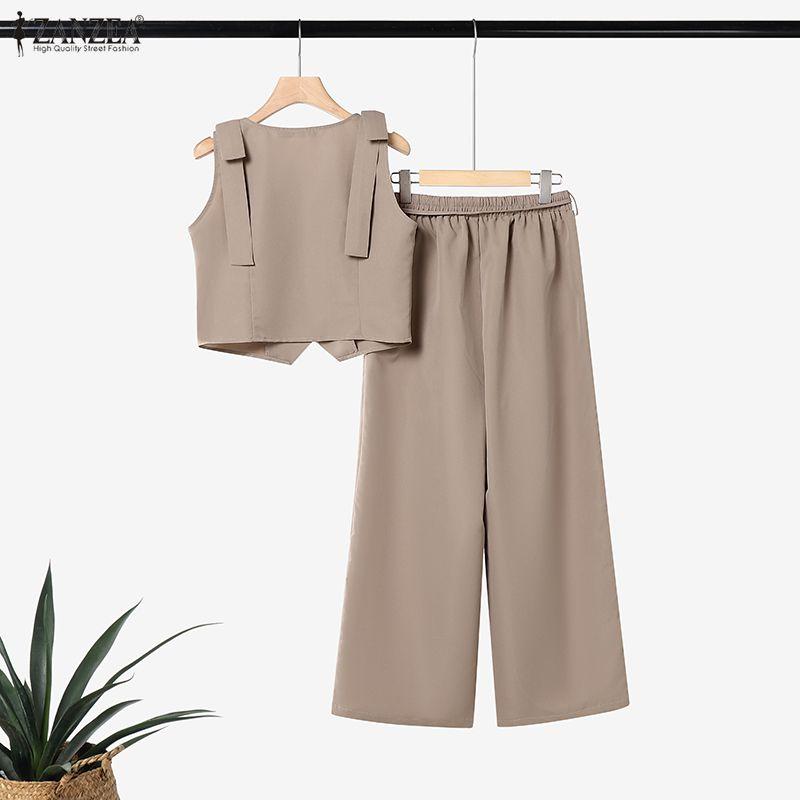 ZANZEA Women Sleeveless Blouse and Long Pants Summer Two Piece Suit Sets