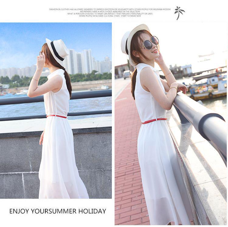 Solid Color Sleeveless Chiffon Dress with Shirt Collar - Slimming and Stylish Fairy Design for the Holidays