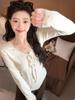 Women's Autumn French Lace Trim V-Neck Long-Sleeve Slim Fit Tie-Up Top