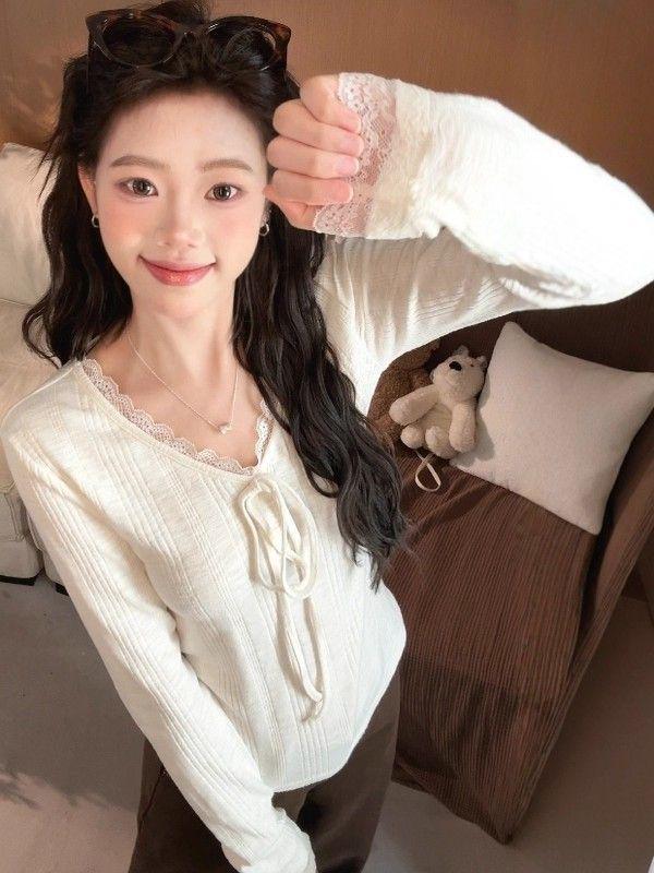 Women's Autumn French Lace Trim V-Neck Long-Sleeve Slim Fit Tie-Up Top