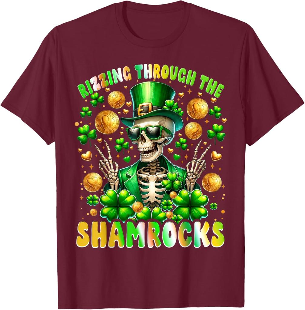Rizz St Patrick's Day Shamrocks Leprechaun Skeleton Unisex T-Shirt
