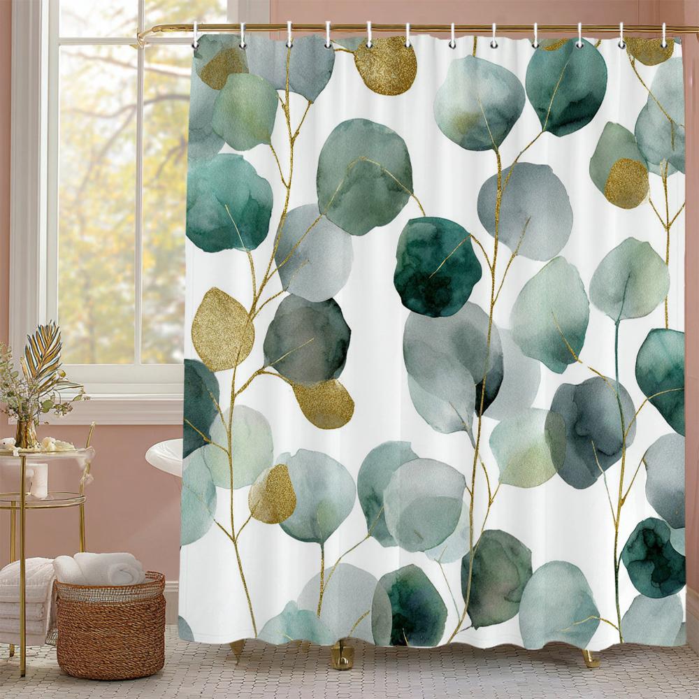 Tropical Green Leaves Monstera Pattern Shower Curtain, Bathroom Decorative Shower Curtain, Print Polyester Curtain With Hooks