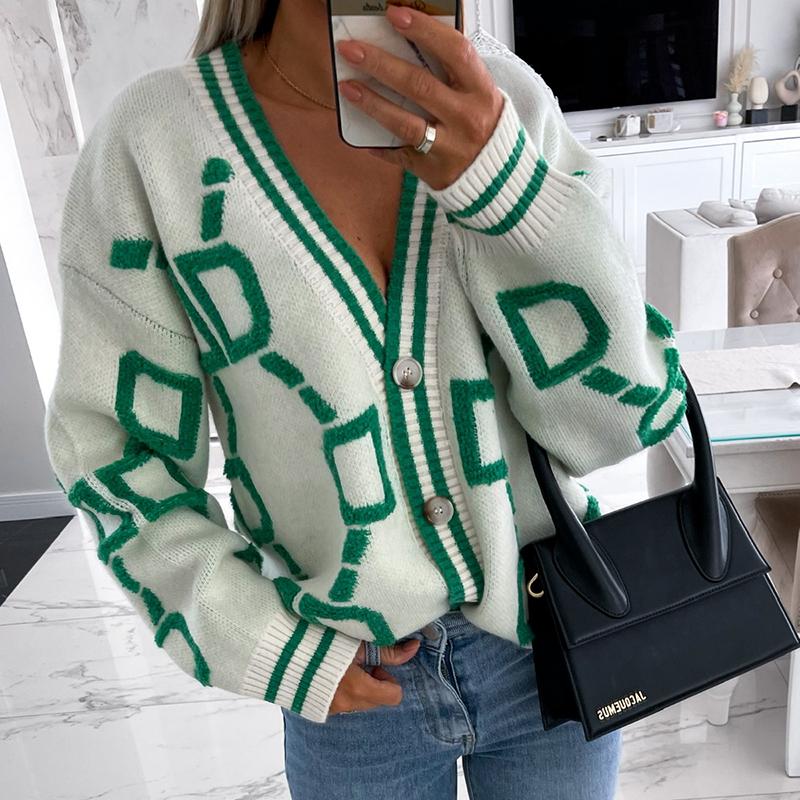 Winter  New Loose Knitted Women Cardigan Casual V-neck Drop-shoulder Sleeve Sweater Spring Print Female Chic Crochet Outerwear