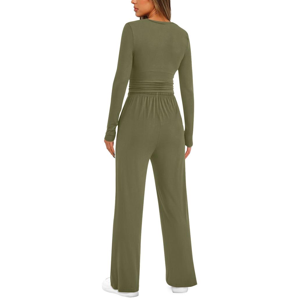 Women's Fall Two Piece Outfits Long Sleeve Tops Tee Shirts Wide Leg Pants Sets