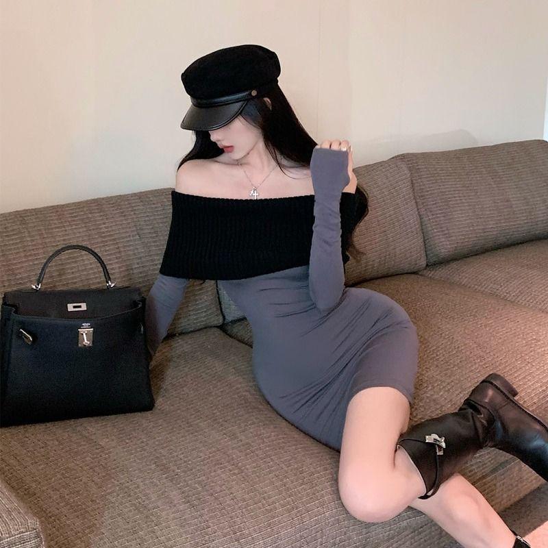 French sexy babes one-word shoulder long-sleeved dress women's spring new slim and thin niche hip-wrapped short skirt
