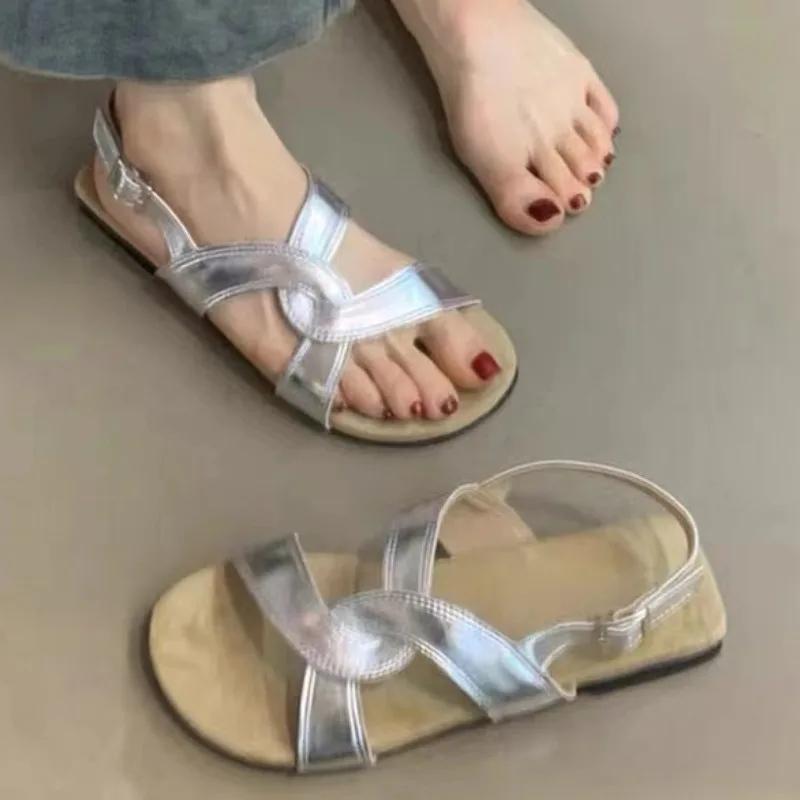 

Модные новые горячие продажи обуви женские сандалии с пряжкой из одного слова летние однотонные обхватывающие щиколотку открытые носки на низком каблуке ретро пляжные сандалии женские 38 серебряный