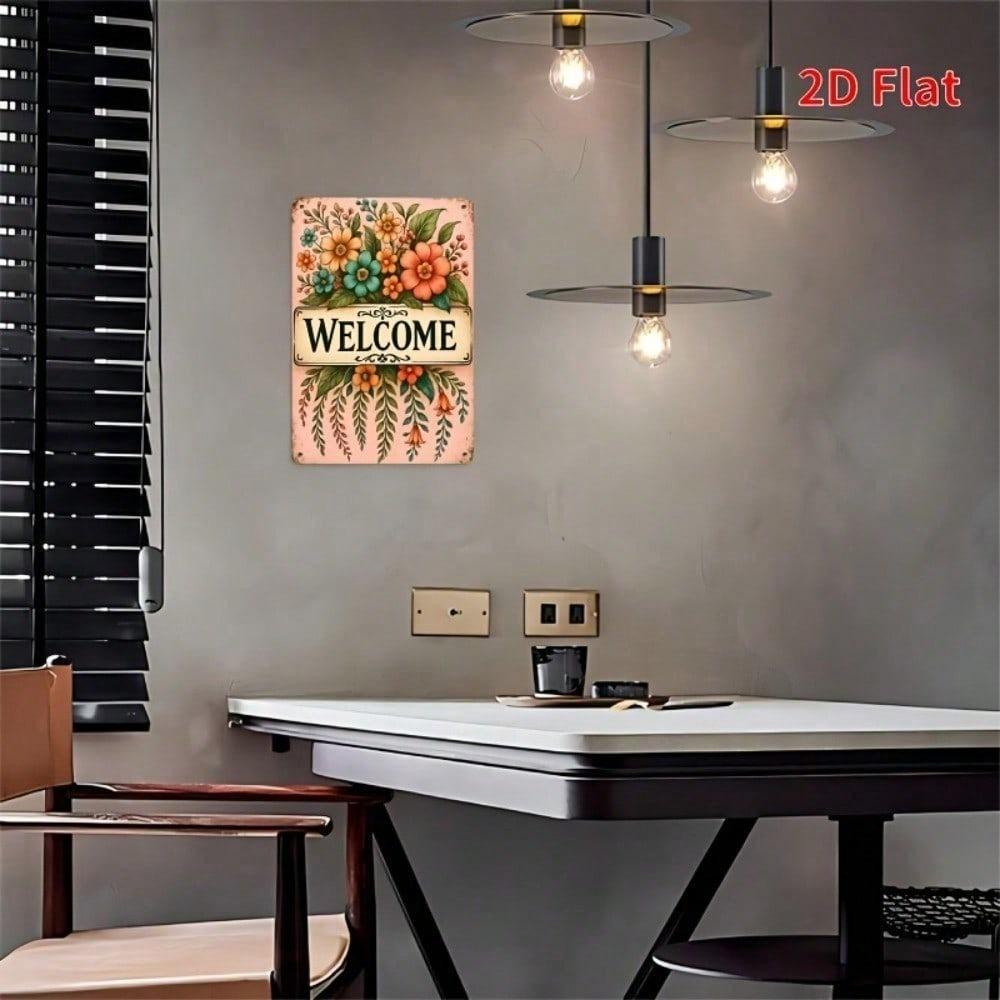 8x12 Inch Floral Welcome Sign Rustic Tin Metal Wall Art Vintage Spring Summer Garden Home Decor