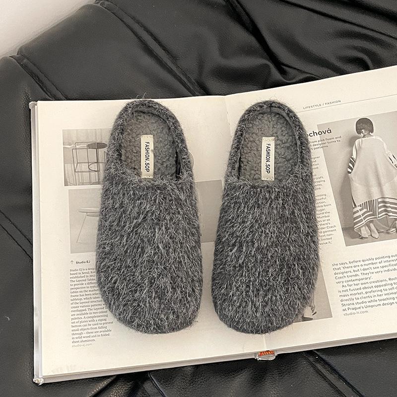 Retro style simple high-end casual fluffy slippers women's autumn and winter suede outer wear home thick-soled bag head slippers