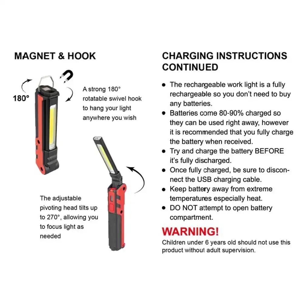 Dimmable COB LED Work Light USB Rechargeable Flashlight with Magnetic &Hook Power Bank Inspection Lamp for Car Repair Camping