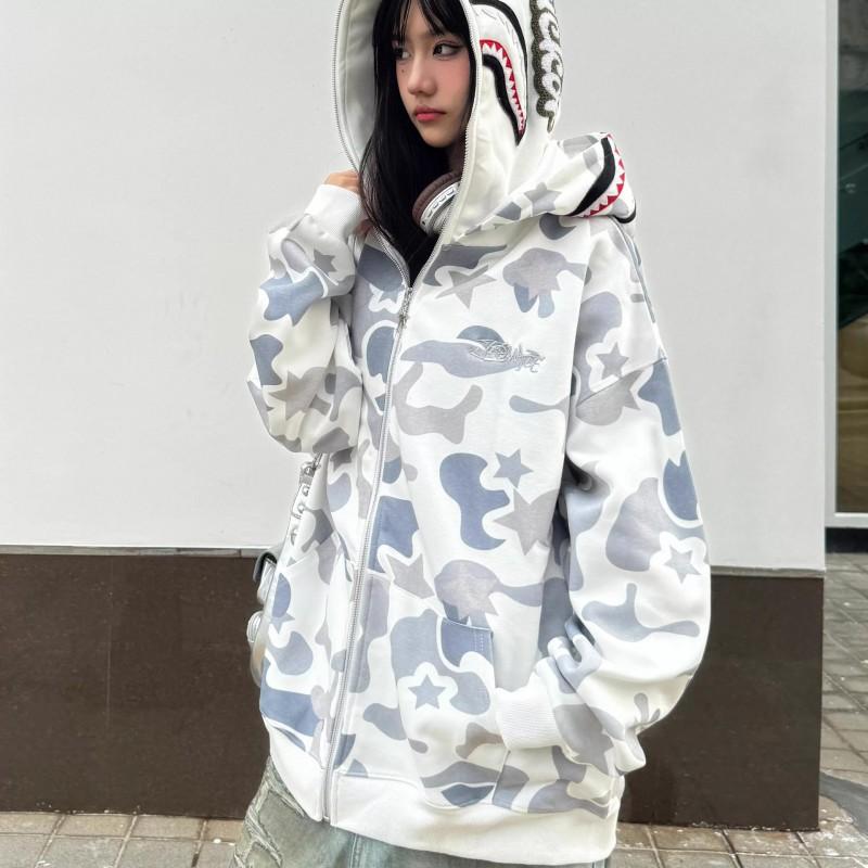 Modischer Grauer Camouflage Hai Reißverschluss Hoodie Herren Damen Paar Lässiger Sport Pullover