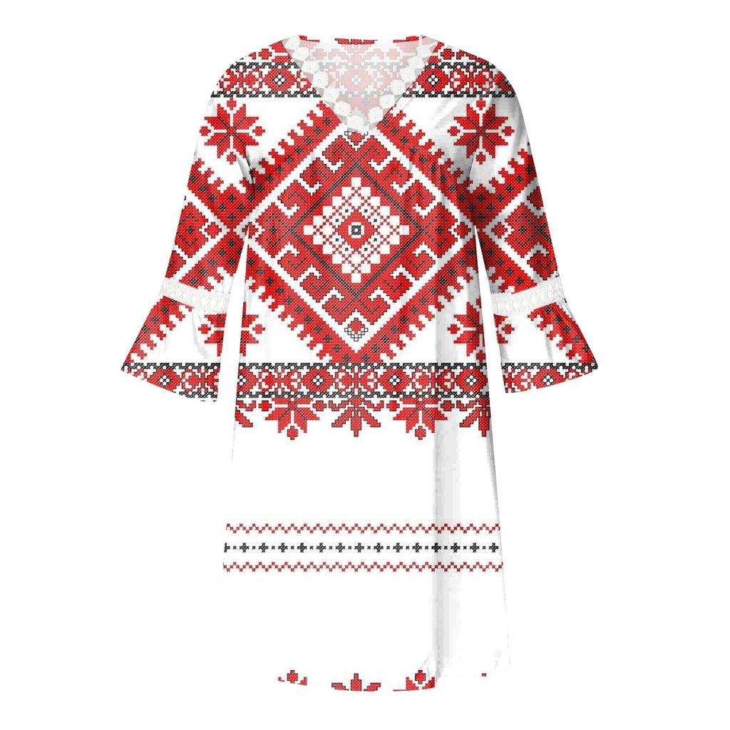 Fashion Women's V-neck Printed Lace Patchwork Bohemian Casual Resort Dress