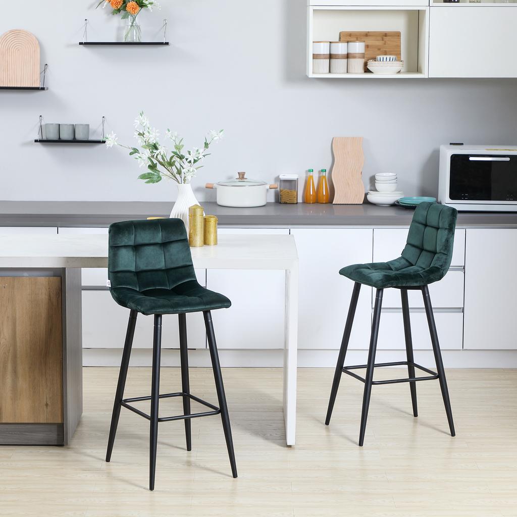 Set of 2 Bar Stools with Tufted Velvet Surface and Steel Legs, 77 cm High, Dark Green