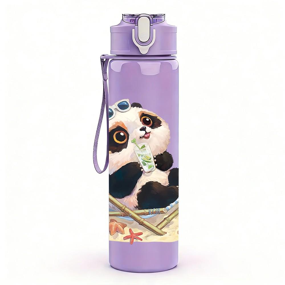 1PC Lying Relaxed Panda Pattern 750ml Color Plastic Sports Water Bottle Leakproof Flip Straw Lid Suitable for Sports Office Home Use