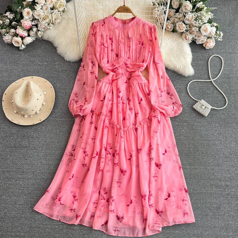 Accessible Luxury Lantern Long Sleeve Stand Collar Elegance Chiffon Dress