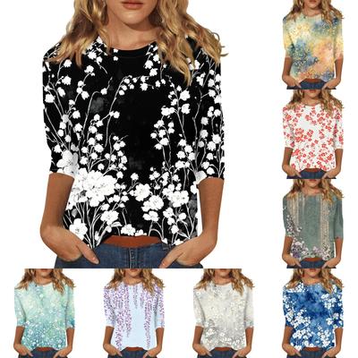 Women's Casual Three Quarter Sleeve Floral Print Crew Neck Top Loose Fit Lightweight Pullover Blouse for Daily Wear