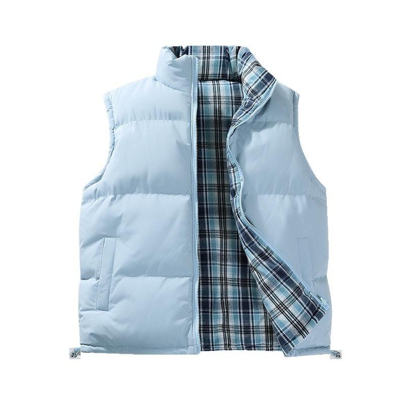 Trendy Plaid Stand-up Collar Vest 2025 Autumn New Korean Version Casual Loose and Versatile Sleeveless Two-sided Coat Men